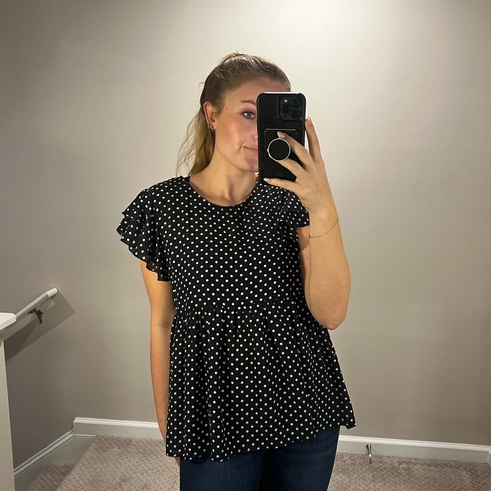 Black and white polka dot babydoll top